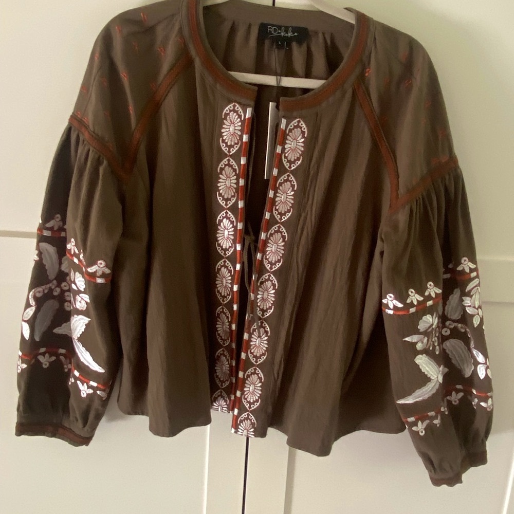 Folk Brown/Olive Flutter Sleeve Blouse with Mandarin Collar
